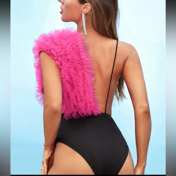 Pink tulle silver sequin high waist black bodysuit Plunge Neck concert festival - Picture 5 of 6